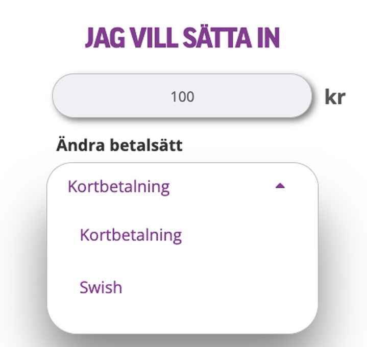 Vy över hur de sätter in pengar och ändrar betalsätt på bingolotto.se