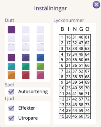 Inställningar för din bingobricka i bingo online på bingolotto.se
