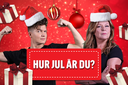 BingoLottos programledare Daniel Norberg och Lotta Engberg med tomteluvor på julig bakgrund med julklappar och julgranskulor