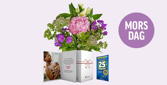 Blommor från Euroflorist, bebispaket från Rädda Barnen och en Sverigelott