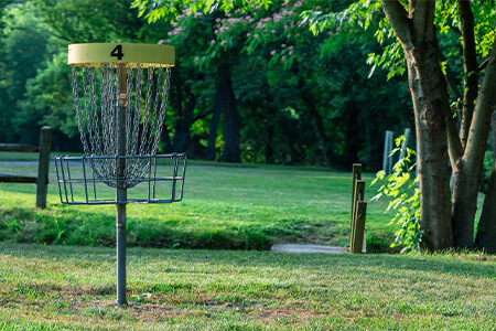 Frisbeegolfskorg i en park