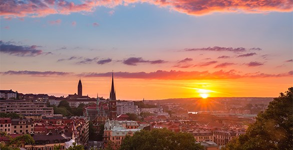 Linnéstan i Göteborg i solnedgång