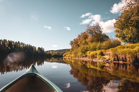Fören på en kanot ute på en spegelblank sjö omgiven av skog