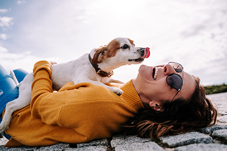 En kvinna ligger och skrattar på marken medan en liten hund slickar henne i ansiktet