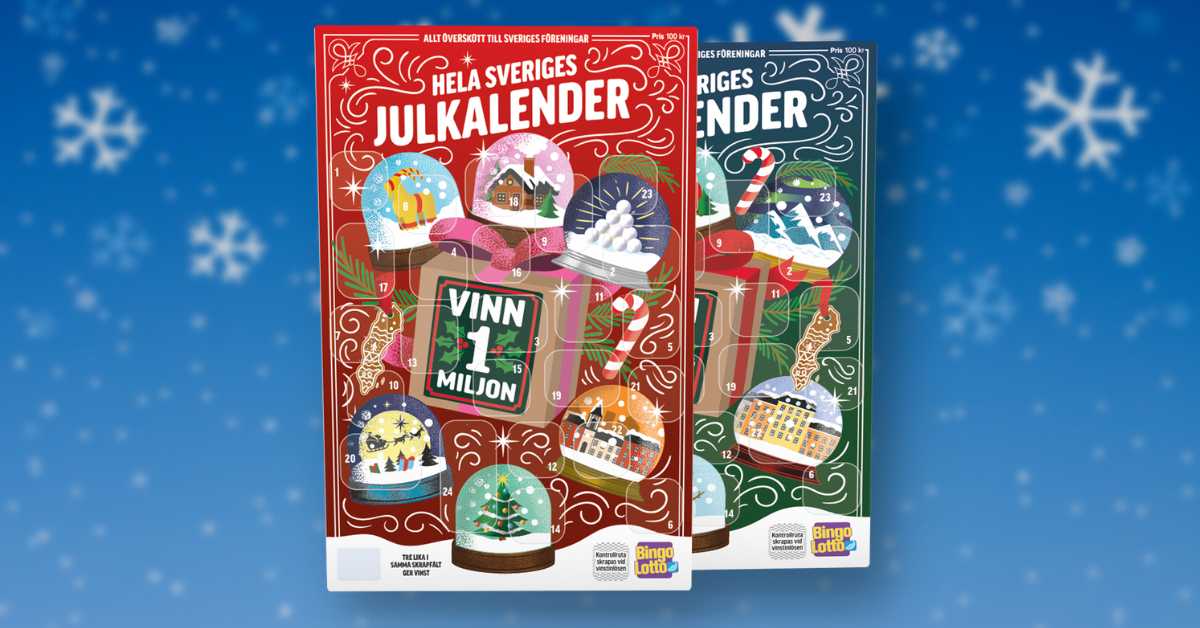 Två stycken julkalendrar, en röd och en grön, på en bakgrund med snöflingor